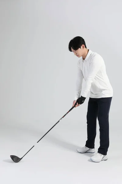 Jugador Deportes Golf Hombre Coreano Asiático Con Club Golf Estudio — Foto de Stock