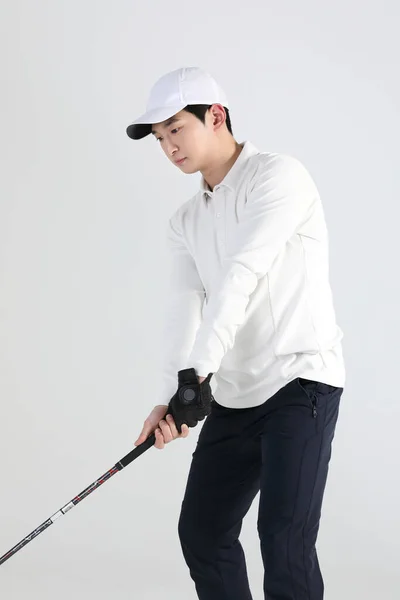 Golf Sports Player Homem Coreano Asiático Com Clube Golfe Estúdio — Fotografia de Stock