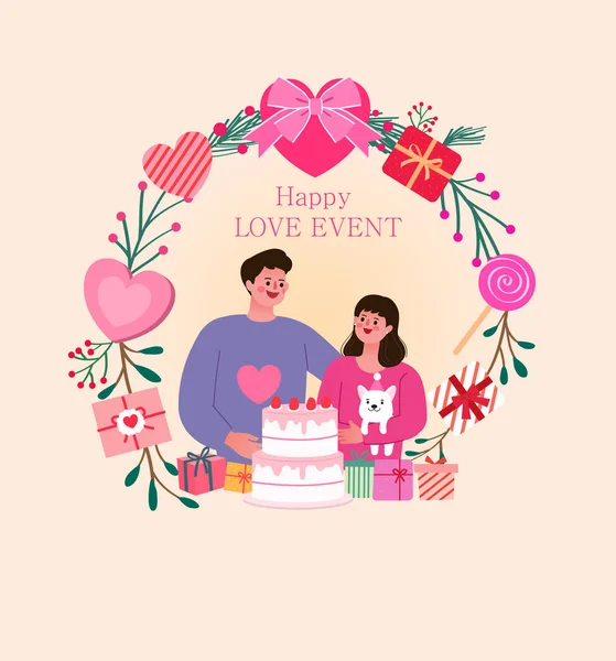 快乐的夫妇与蛋糕和礼品盒矢量图解设计 — 图库矢量图片