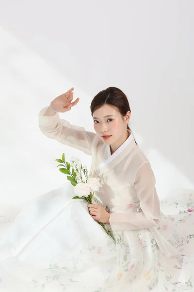 Ázsiai Koreai Fiatal Visel Hanbok Koreai Hagyományos Ruhák Szépség Koncepció — Stock Fotó