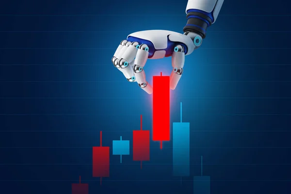 AI artificial investment graphic poster, charts and robot hands