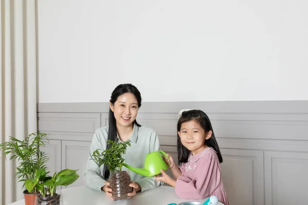 アジアの韓国のお母さんと娘はリサイクルポットに水をやる — ストック写真