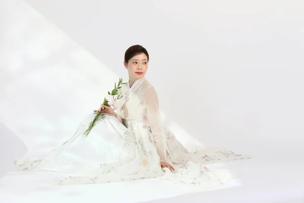 Asiático Coreano Jovem Mulher Vestindo Hanbok Coreano Roupas Tradicionais Conceito — Fotografia de Stock