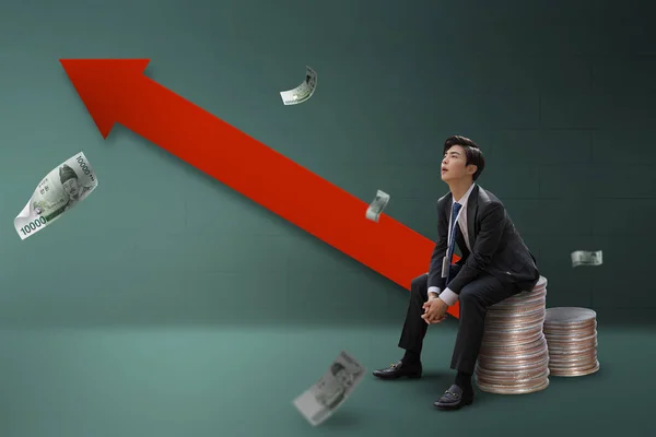 Graphic Poster Rise Interest Rates Korean Young Business Man Struggling — Foto de Stock