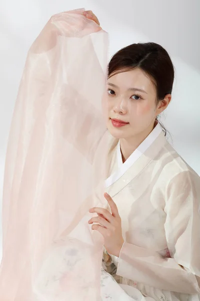 Asiatica Coreana Giovane Donna Indossa Hanbok Coreano Abiti Tradizionali Concetto — Foto Stock