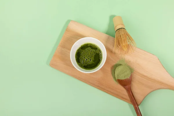 Verde Matcha Polvo Beber Fondo Verde — Foto de Stock