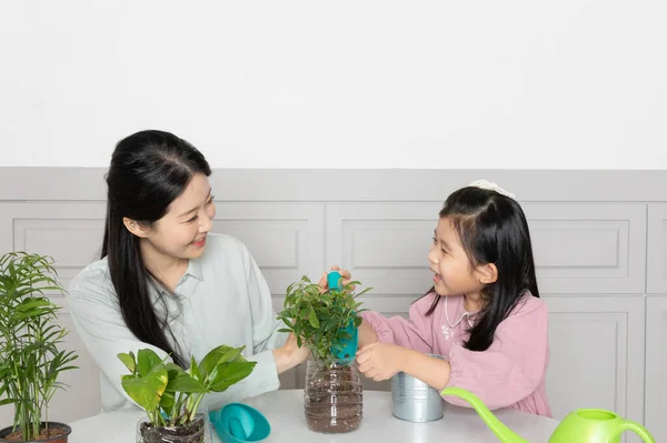 Azji Koreański Mama Córka Pomocą Recyklingu Garnki — Zdjęcie stockowe