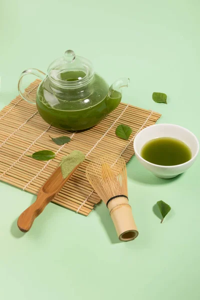 Matcha Green Tea Drink Glass Teapot — Stock Photo, Image