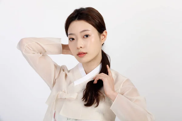 Asiática Coreana Joven Mujer Usando Hanbok Coreana Ropa Tradicional Concepto —  Fotos de Stock