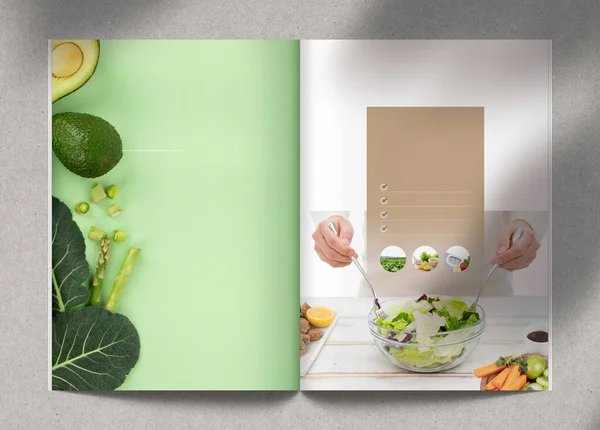 vegan food poster, brochure template with fresh vegetables green salad