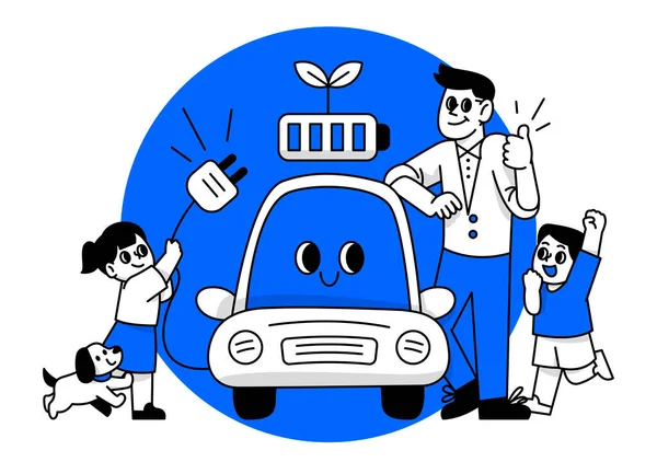 Electric Car Character Green Eco Energy Family Characters — ストックベクタ
