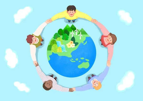 Концепція Дня Землі Діти Тримаються Руки Цілому Світі — стоковий вектор