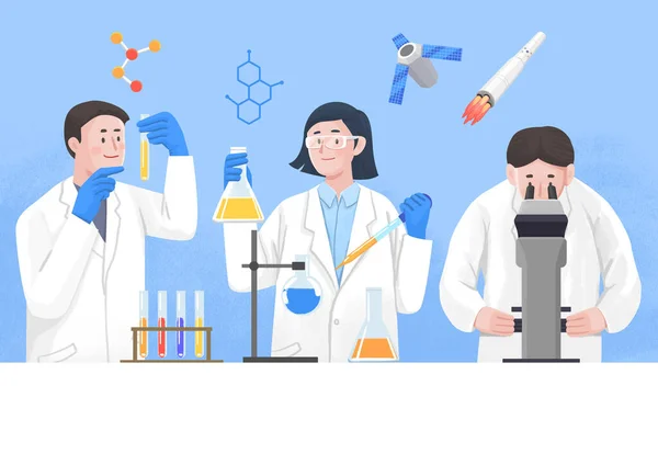 Ημέρα Της Επιστήμης Άνθρωποι Στο Εργαστήριο Κάνουν Πειράματα — Διανυσματικό Αρχείο