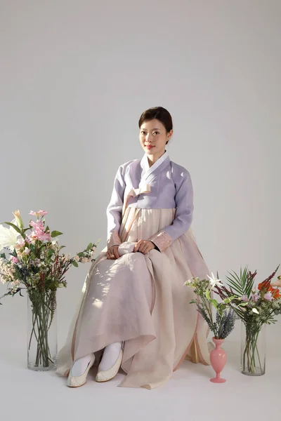 Tavasz Szépség Koncepció Gyönyörű Koreai Visel Hanbok — Stock Fotó