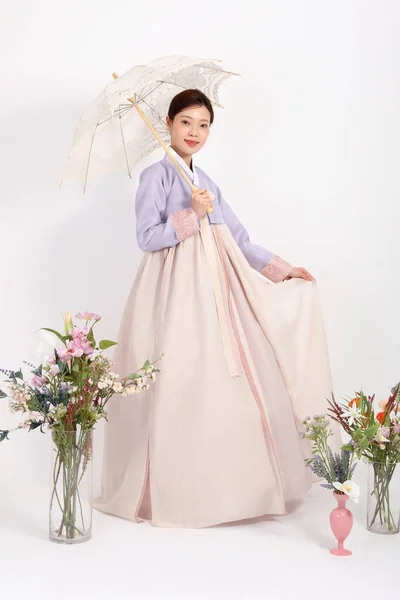 Spring Beauty Concept Beautiful Korean Woman Wearing Hanbok Umbrella — стоковое фото