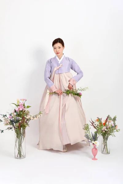 Spring Beauty Concept Beautiful Korean Woman Wearing Hanbok Flowers — 스톡 사진