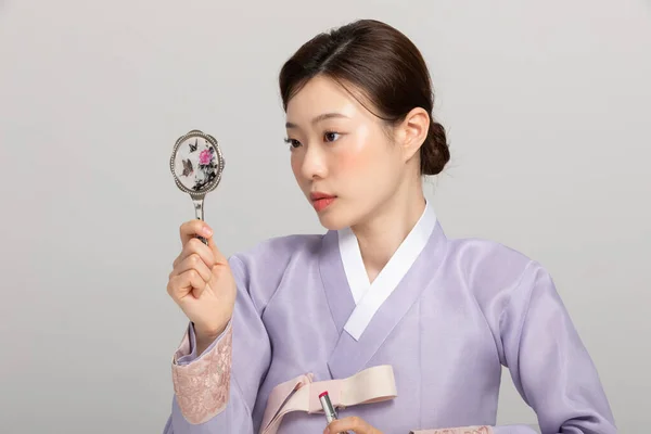 Spring Beauty Concept Beautiful Korean Woman Wearing Hanbok Looking Mirror — стоковое фото