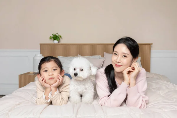 Azji Koreański Matka Córka Leżące Łóżku Ich Psy — Zdjęcie stockowe