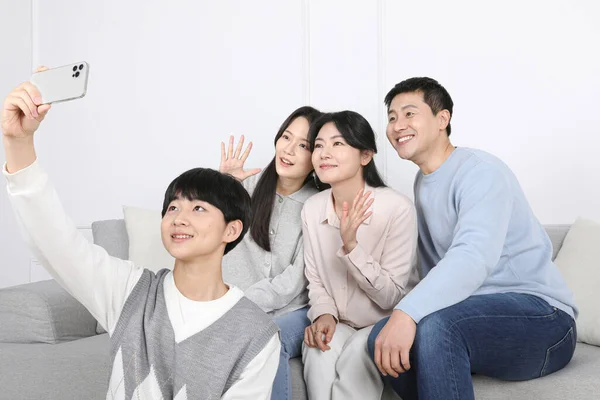 Asian Korean Family Photo Family Having Video Call Together —  Fotos de Stock