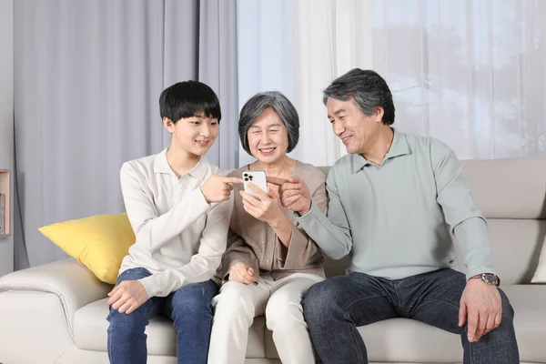 Asian Korean Family Grandchildren Who Teach Smartphone Grandparents — Stockfoto