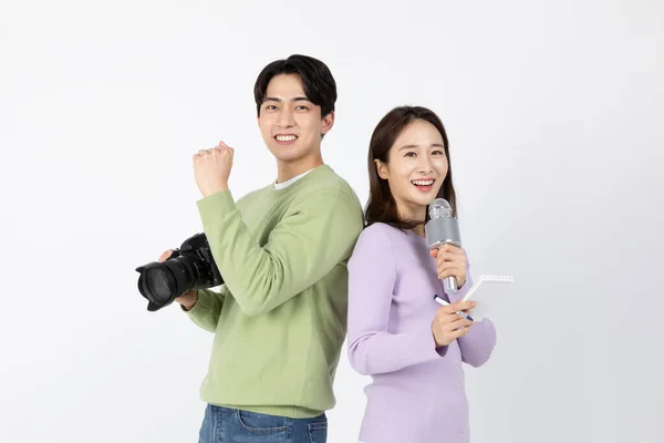 Job Interview Asian Korean Young Woman Man Holding Camera Microphone — Stock Photo, Image