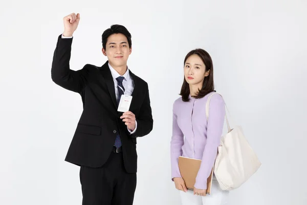 Job Interview Asian Korean Young Man Who Employed Envy Other — Stock Photo, Image