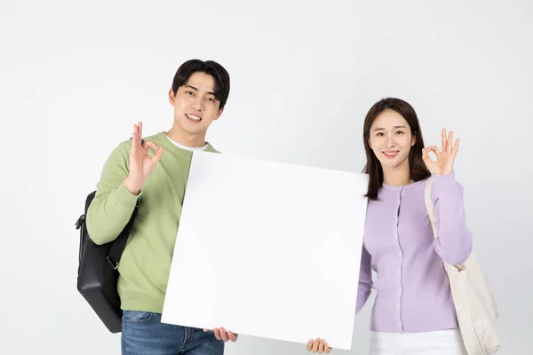 Job Interview Asian Korean Young Woman Man Holding Panel Hand — Stok fotoğraf