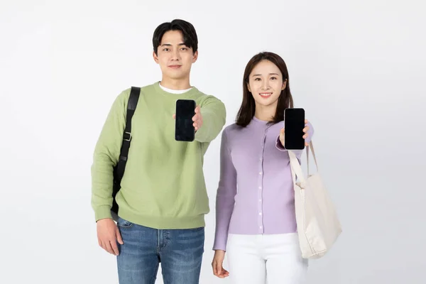 Job Interview Asian Korean Young Woman Man Holding Smartphone — Fotografia de Stock