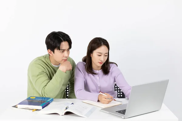 Job Interview Preparation Asian Korean Young Woman Man Studying Laptop — Stock Photo, Image