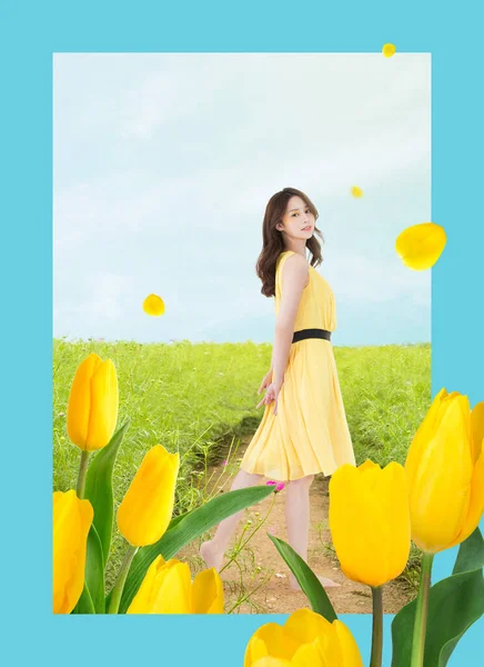 Spring Event Template_Beautiful Young Asian Korean Woman Tulip — 스톡 사진