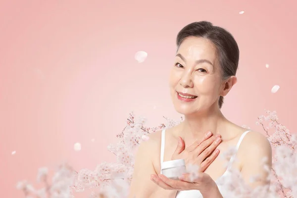 Skin Care Poster Asian Korean Senior Woman — 스톡 사진