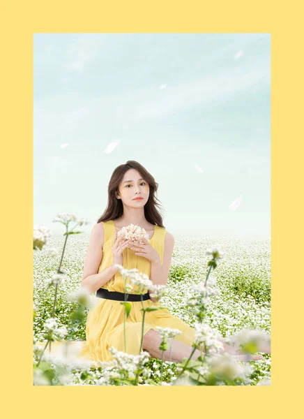 Spring Event Template Beautiful Young Asian Korean Woman Sitting Flower — 스톡 사진