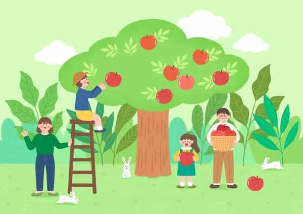 リンゴを採集する家族のベクトル図です — ストックベクタ