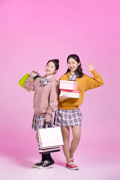 Корейська Жінка Хіпстер Покоління Корейська Зберігання Сумок Покупок Сувенірні Коробки — стокове фото