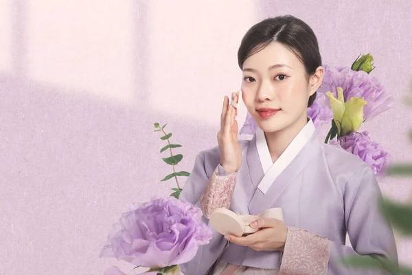 Primavera Coreano Modelo Anúncio Beleza Modelo Bonito Hanbok Com Cosméticos — Fotografia de Stock