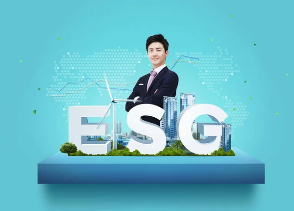 Esg Promotion Poster Forest Buildings — 스톡 사진