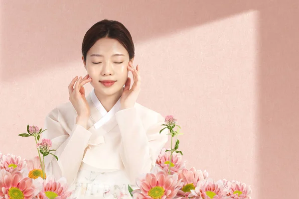 Primavera Coreano Modelo Anúncio Beleza Modelo Bonito Hanbok Com Cosméticos — Fotografia de Stock