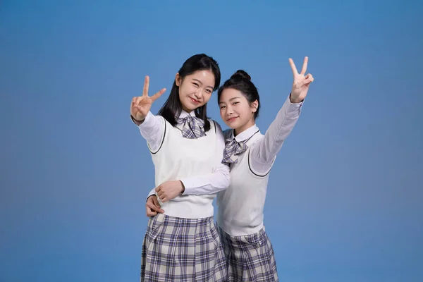 Cute Korean Asian Girls Finger Cheese Pose — Stock Photo, Image