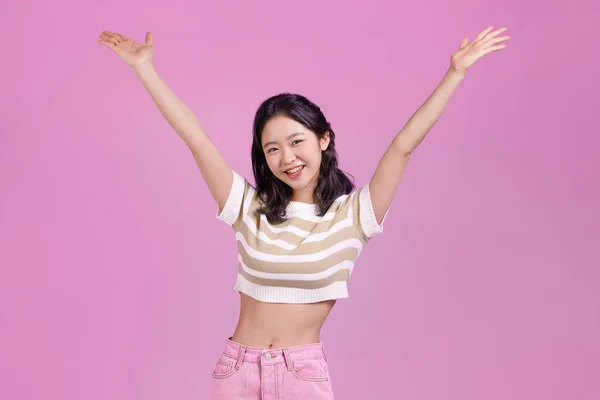 Generation Asiatiska Koreanska Kvinnliga Hipster Influencer Glad Hurra Pose — Stockfoto