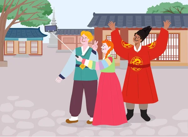 Viaggio Nella Cultura Coreana Illustrazione Vettoriale Turistica Straniera Indossare Vestiti — Vettoriale Stock