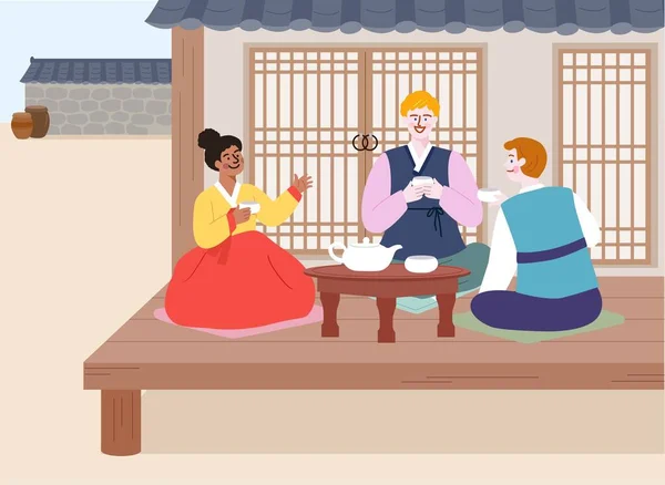 Поездка Корейской Культуре Векторная Иллюстрация Иностранных Туристов Чайная Церемония — стоковый вектор