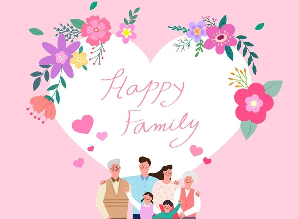 Illustration Carte Cadre Avec Famille Heureuse Fleurs Printemps — Image vectorielle