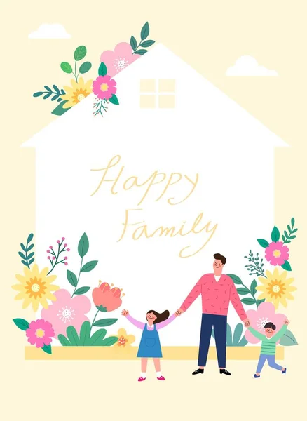 Illustrazione Della Scheda Cornice Con Famiglia Felice Fiori Primaverili — Vettoriale Stock