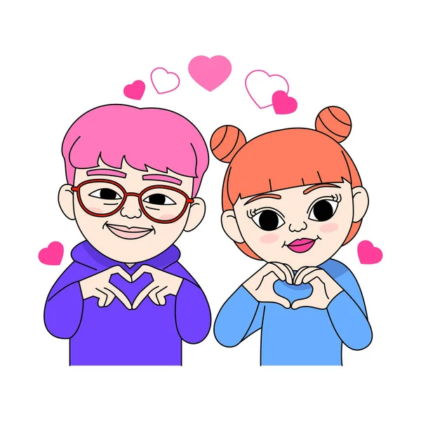 Generación Hipster Influencer Coreano Chica Chico Carácter Dedo Corazón — Vector de stock