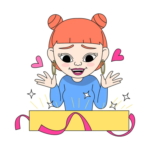 Generación Hipster Influencer Coreano Chica Carácter Apertura Caja Regalo — Vector de stock