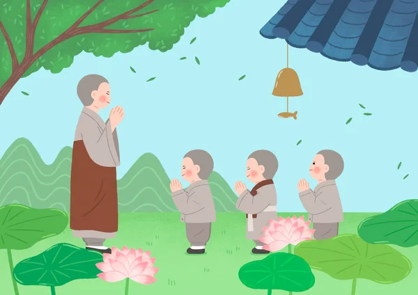 День Рождения Будды Поют Детские Монахи — стоковый вектор