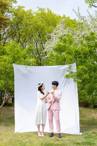 Beautiful Asian Couple Wedding Photoshoot Park —  Fotos de Stock