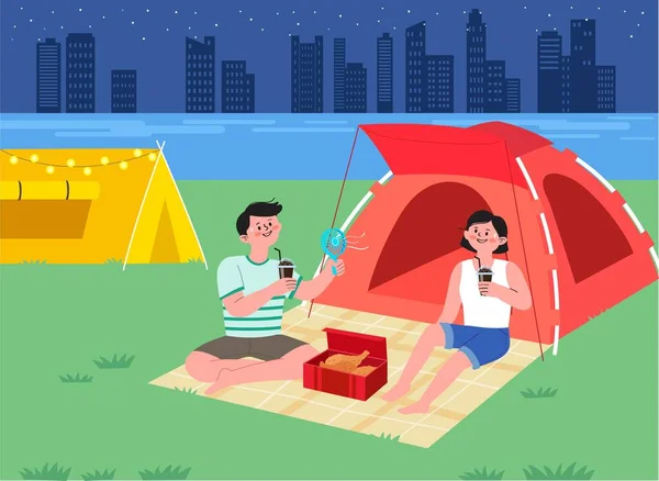Vector Illustration Camping Couple — Vector de stock