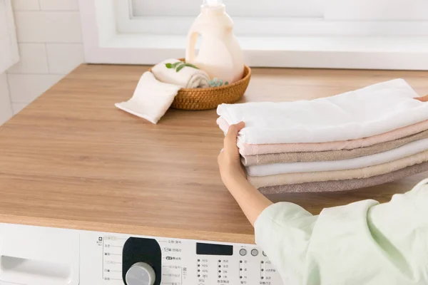 Aesthetic Laundry Concept Detergent Towels — Zdjęcie stockowe