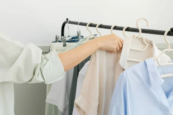 Aesthetic Laundry Concept Clothes Hung Hangers — Fotografia de Stock